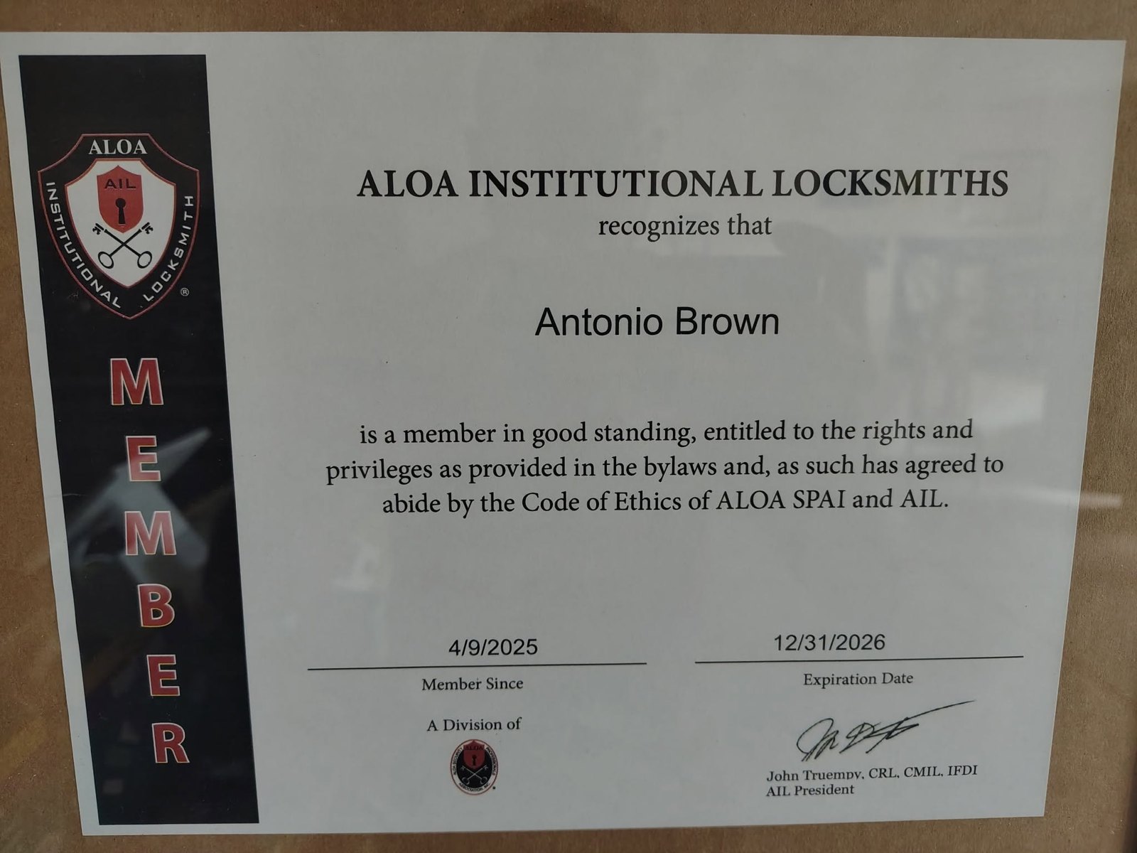 ALOA Institutional Locksmiths membership certificate for Antonio Brown